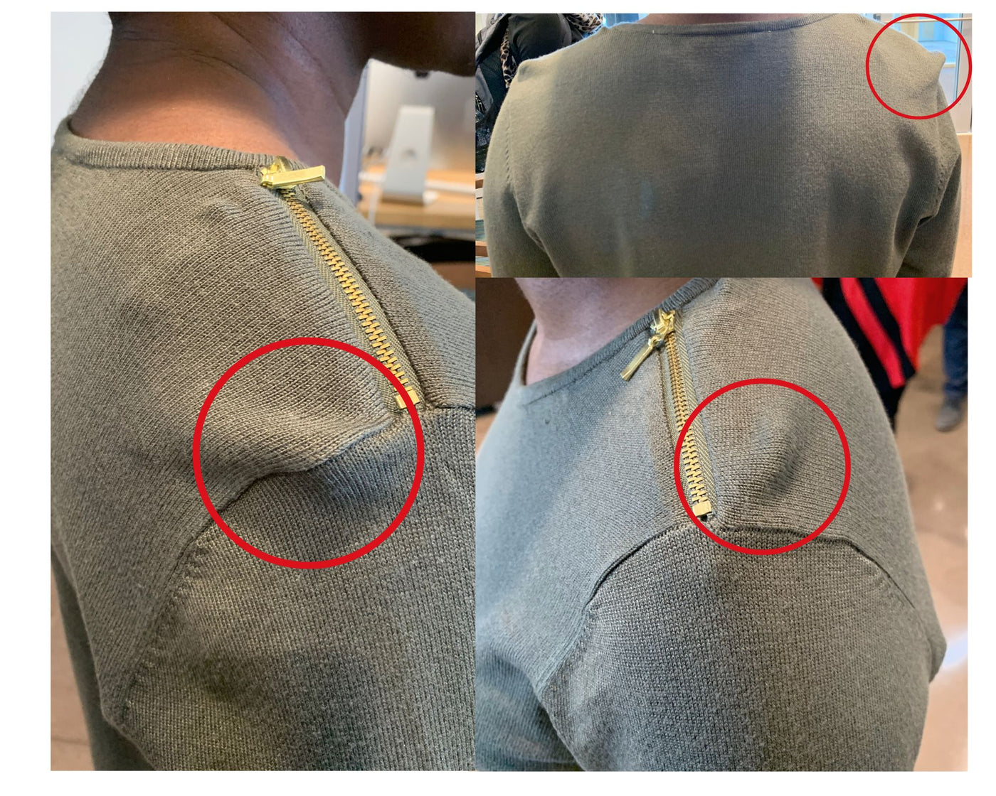 Three images from different angles demonstrating a person that has on a garment with fabric shoulder bumps on each side of their garment